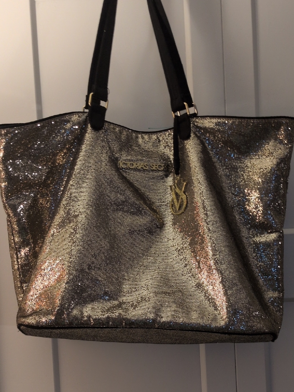 Victoria's Secret Shimmery Gold Sequin Tote with Black Straps